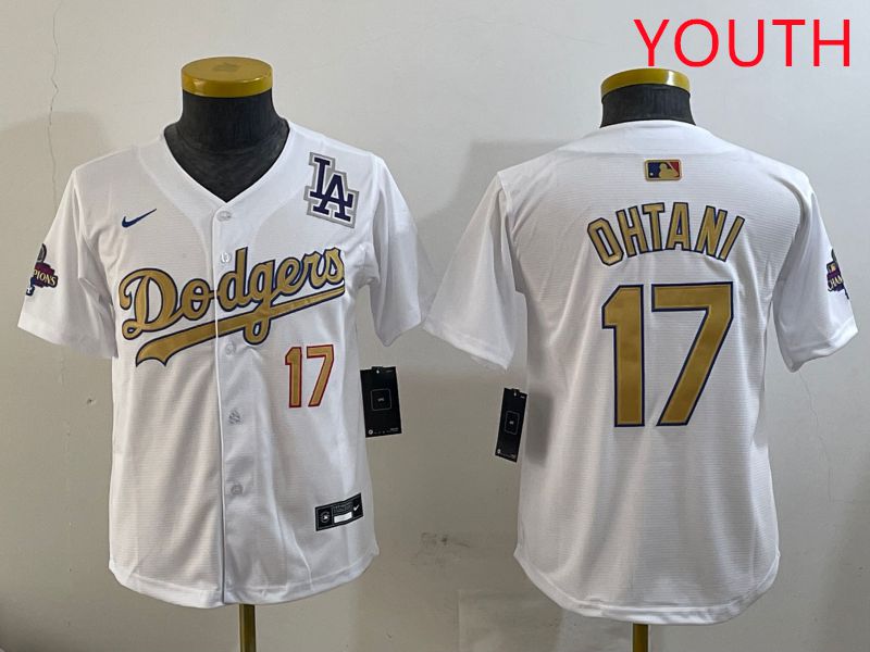 Youth Los Angeles Dodgers #17 Ohtani White Champion gold character 2025 Nike MLB Jersey style 2